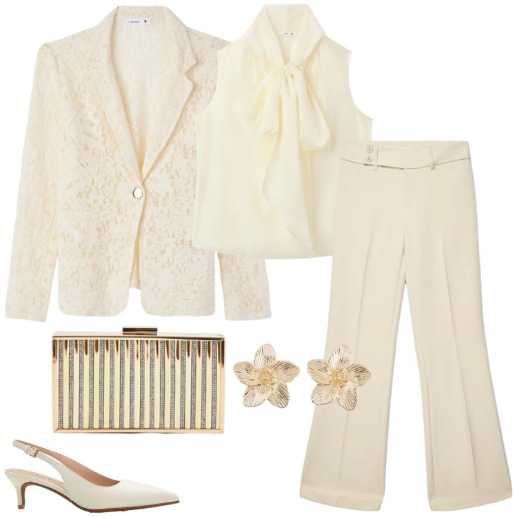 Outfit donna - Cerimonia. Stile Chic per Cerimonia. Abbinamento con décolleté, orecchini, blazer, bluse, pantaloni, clutch.