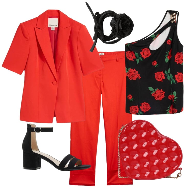 Outfit donna - Colori in libertà. Stile Glamour per Tutti i giorni. Abbinamento con pantaloni chino, blazer, top, sandali col tacco, collane, borse a tracolla.