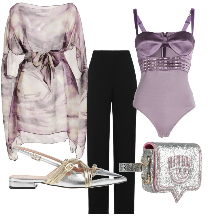 Outfit donna - Cocktail party. Stile Glamour per Serata fuori. Abbinamento con top, body, pantaloni, marsupi, ballerine.