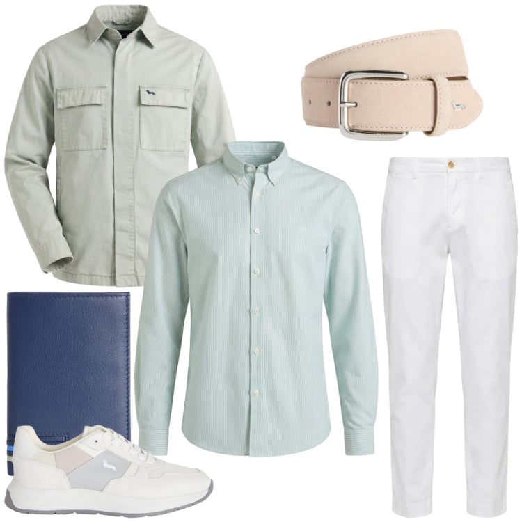 Outfit uomo - Eleganza Casual in Verde e Bianco. Stile Urban per Tutti i giorni. Abbinamento con portafogli, pantaloni chino, camicie, cinture, sneakers, giacche.