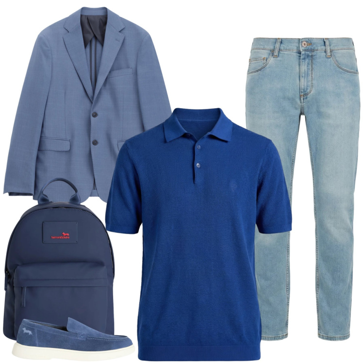 Outfit uomo - Sinfonia di Blu. Stile Trendy per Tutti i giorni. Abbinamento con giacche, jeans slim fit, polo, borse sportive, sneakers.