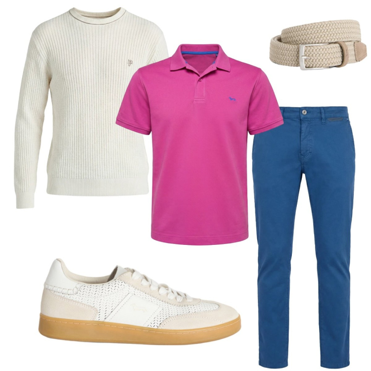 Outfit uomo - Polo fucsia. Stile Casual Abbinamento con pantaloni, cinture, sneakers, polo, maglieria.