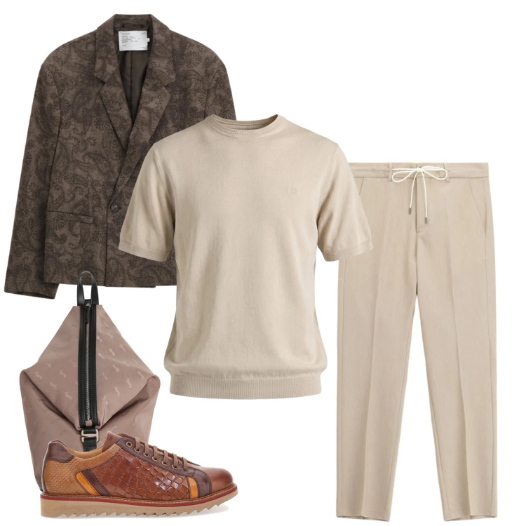 Outfit uomo - Eleganza Terrosa. Stile Urban per Ufficio. Abbinamento con giacche, pantaloni, borse sportive, t-shirt, scarpe stringate.