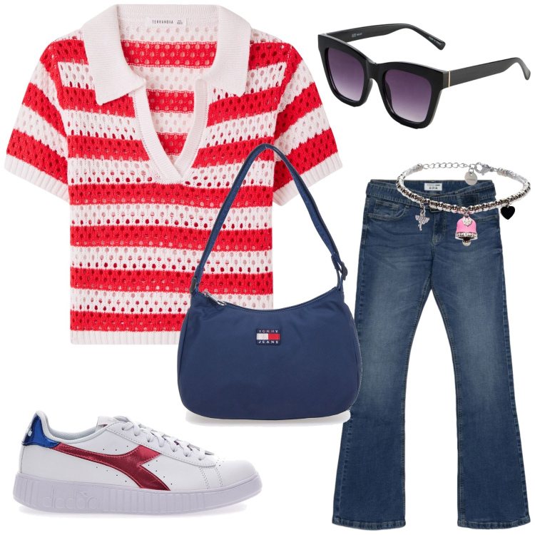 Outfit donna - L\'outfit casual. Stile Casual per Tutti i giorni. Abbinamento con occhiali da sole, t-shirt, jeans a zampa, braccialetti, sneakers, borse a spalla.