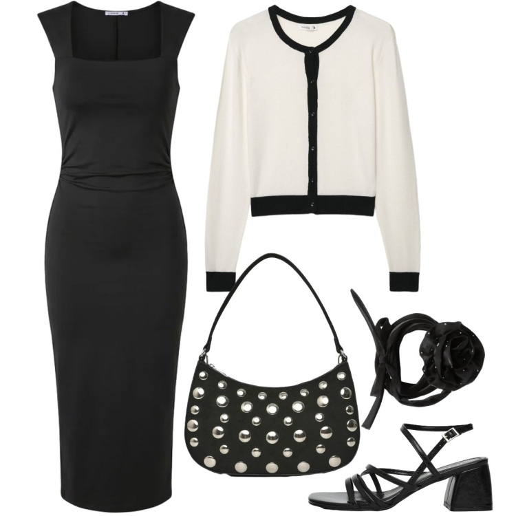 Outfit donna - Terranova Spring Deals. Stile Chic per Serata fuori. Abbinamento con vestiti midi/longuette, collane, cardigans, borse a tracolla, sandali col tacco.