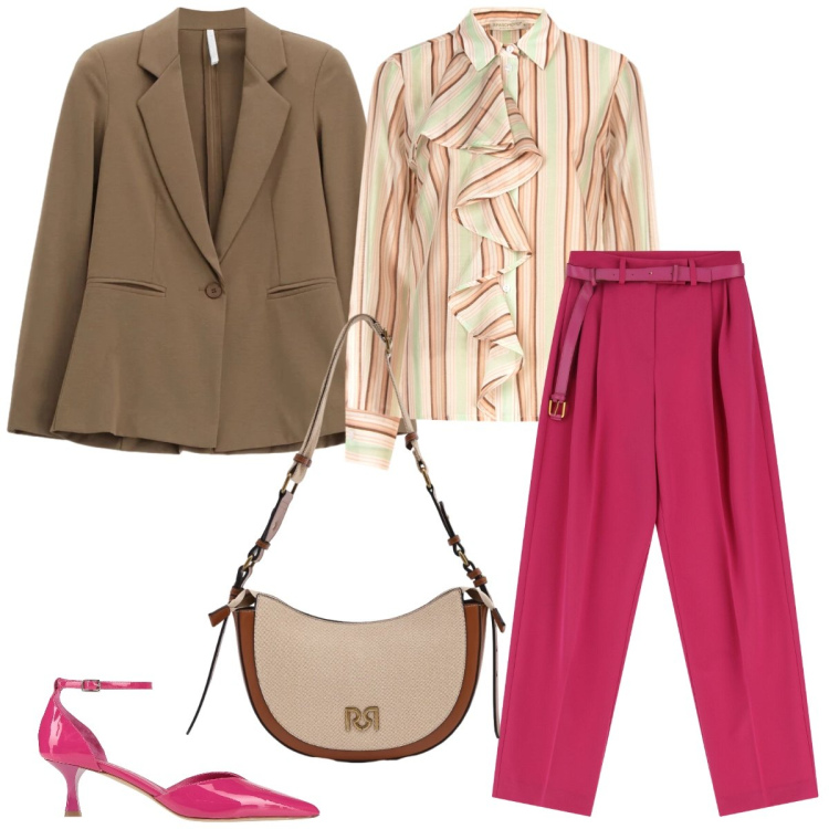 Outfit donna - In città. Stile Chic per Tutti i giorni. Abbinamento con décolleté, pantaloni a palazzo, blazer, camicie, borse a tracolla.