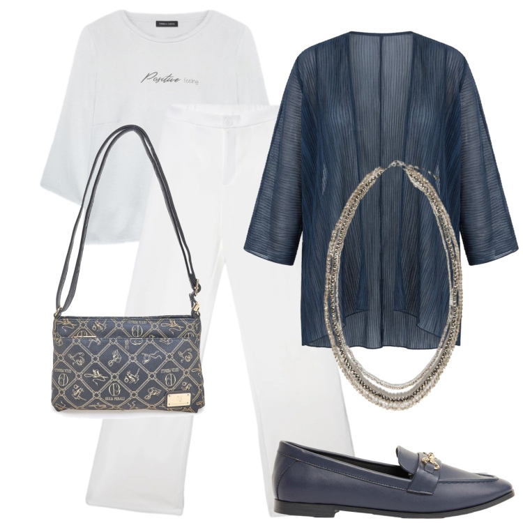 Outfit donna - Mocassini blu. Stile Casual per Tutti i giorni. Abbinamento con mocassini, pantaloni, blazer, bluse, collane, borse a tracolla.