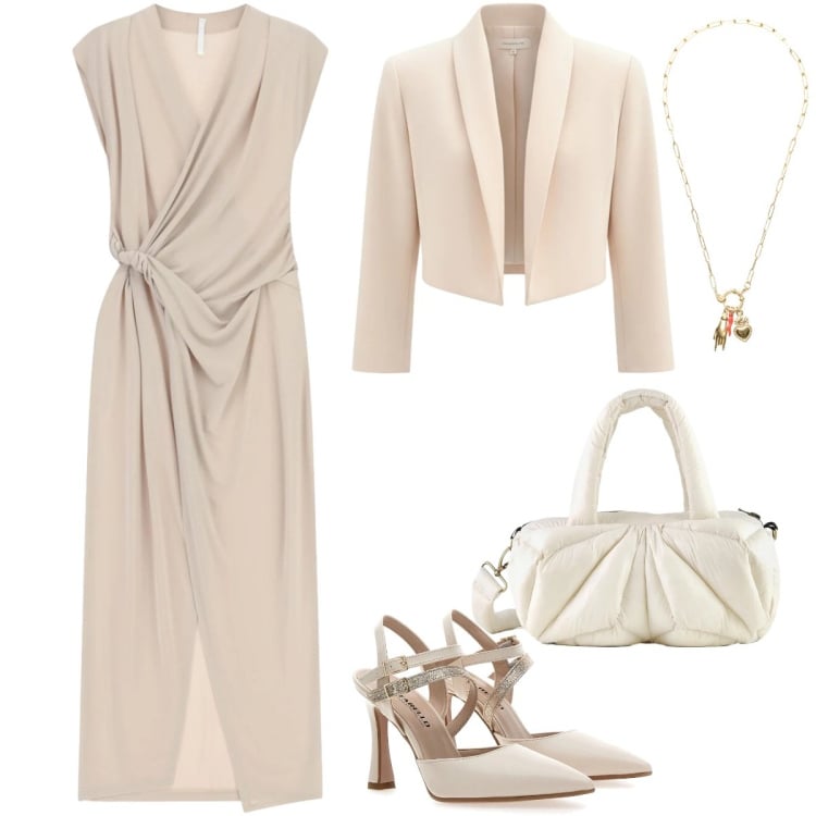 Outfit donna - Occasione cerimonia. Stile Chic per Cerimonia. Abbinamento con vestiti lunghi, bolero, ciondoli, borse a mano, décolleté.