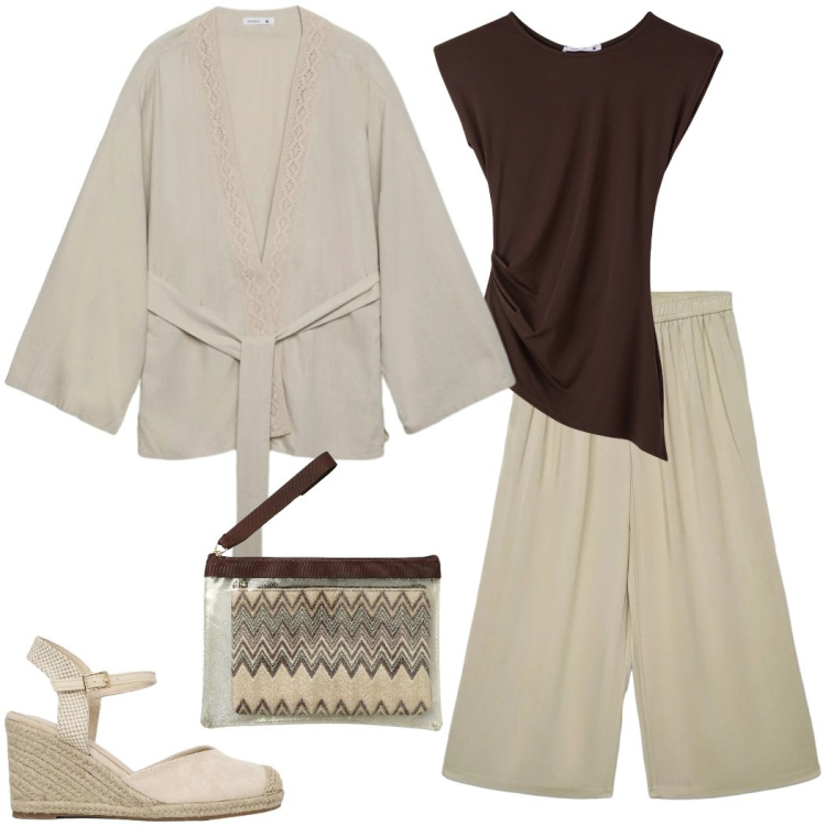 Outfit donna - Il completo Terranova. Stile Casual chic per Serata fuori. Abbinamento con kimono, pantaloni a palazzo, top, zeppe, pochette.