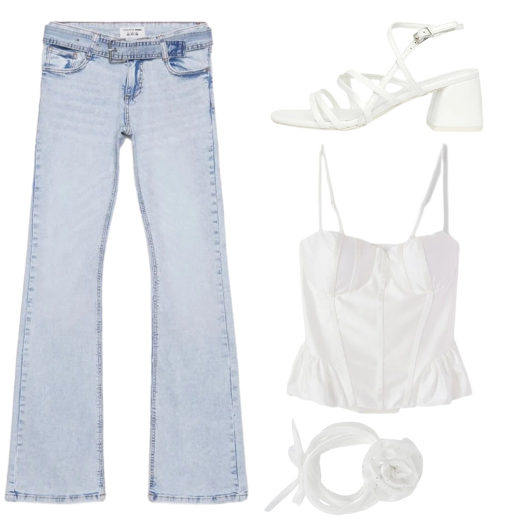 Outfit donna - Total look #2380507. Stile Casual chic per Serata fuori. Abbinamento con jeans a zampa, top, collane, sandali col tacco.
