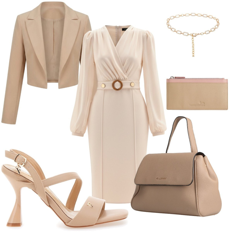 Outfit donna - Colori del deserto. Stile Chic per Cerimonia. Abbinamento con zaini, portafogli, vestiti a tubino, bolero, cinture, sandali col tacco.