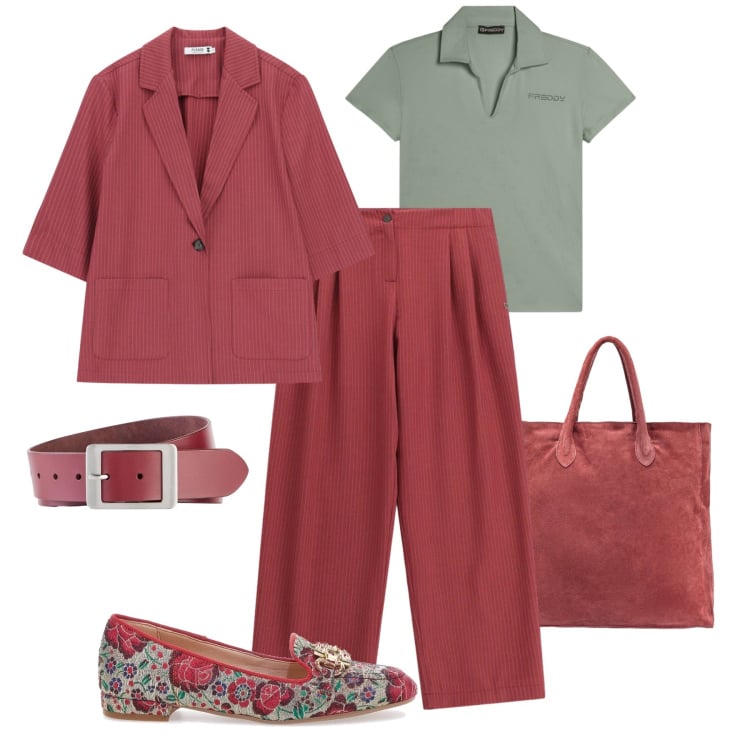Outfit donna - Blazer lampone - @antonellal. Stile Casual chic per Ufficio. Abbinamento con cinture, pantaloni a palazzo, blazer, t-shirt, mocassini, borse a mano.