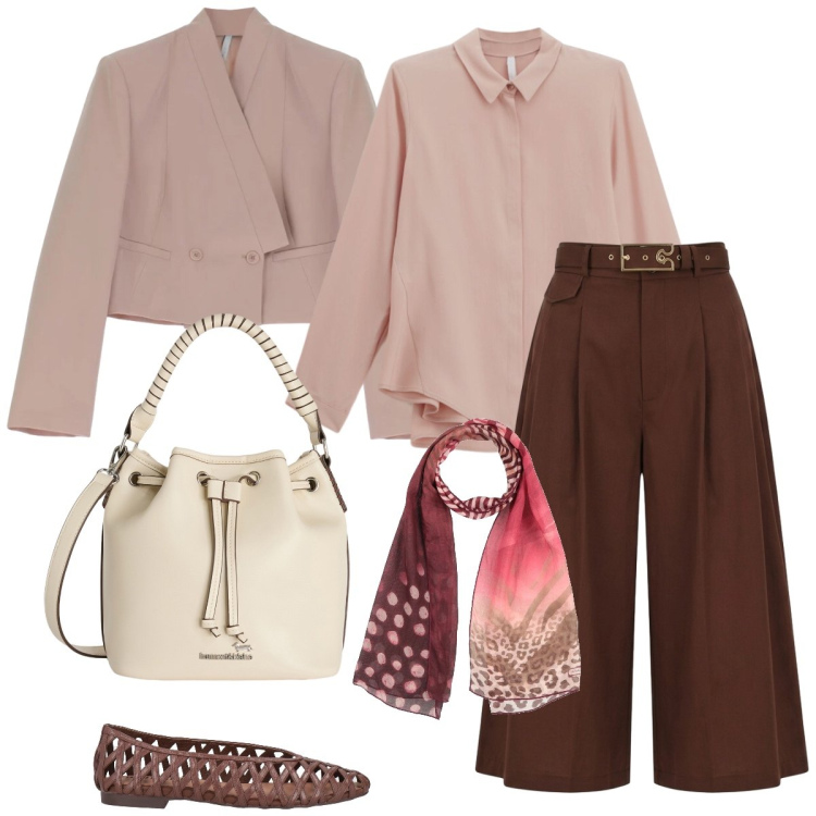 Outfit donna - Primavera in città. Stile Chic per Tutti i giorni. Abbinamento con sciarpe, ballerine, blazer, camicie, pantaloni capri, borse a secchiello.