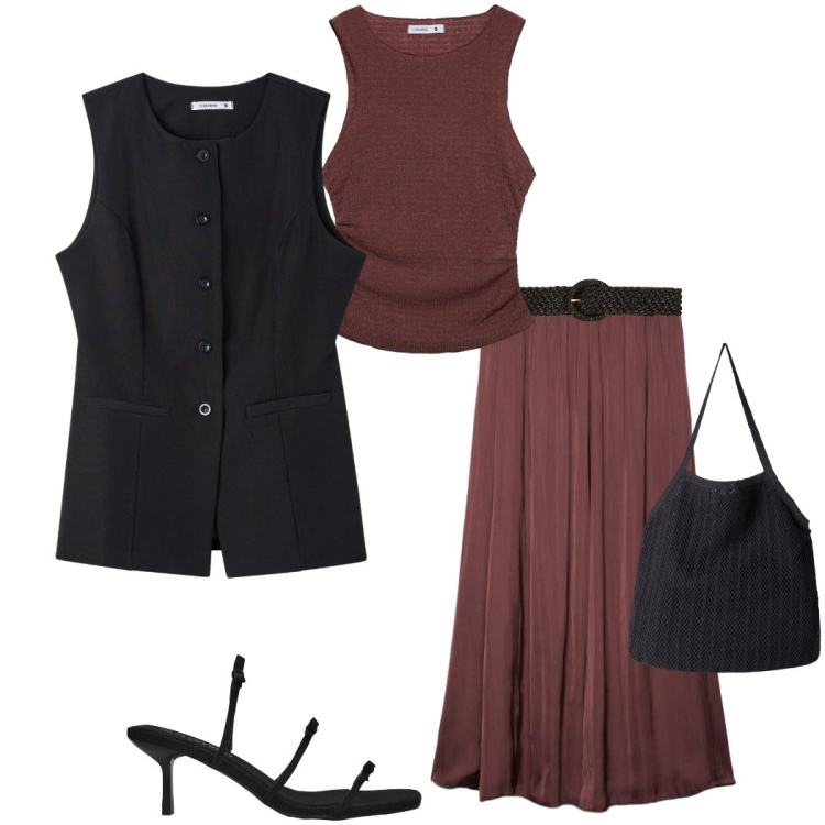 Outfit donna - Il completo Terranova. Stile Casual chic per Serata fuori. Abbinamento con gonne longuette, top, gilet, shopping bag, cinture, sandali col tacco.
