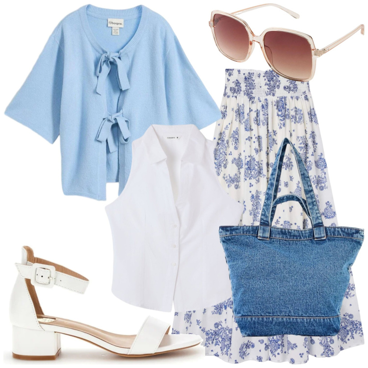 Outfit donna - Tempo libero. Stile Romantica per Tutti i giorni. Abbinamento con occhiali da sole, cardigans, shopping bag, gonne lunghe, top, sandali col tacco.