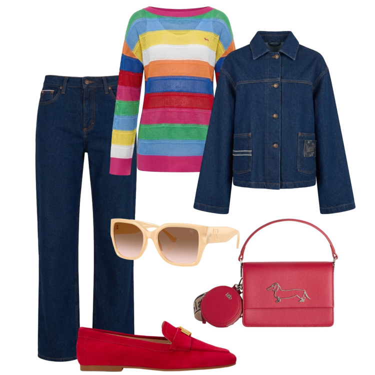 Outfit donna - Multicolore & denim. Stile Trendy per Tutti i giorni. Abbinamento con maglieria, borse a tracolla, jeans, cappotti, mocassini, occhiali da sole.
