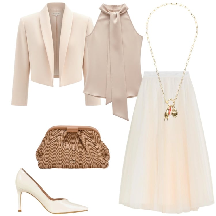 Outfit donna - Cerimonia. Stile Chic per Cerimonia. Abbinamento con gonne lunghe, top, décolleté, pochette, bolero, ciondoli.