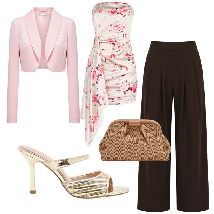 Outfit donna - Cerimonia di aprile. Stile Chic per Cerimonia. Abbinamento con vestiti corti, pochette, bolero, pantaloni a palazzo, sabot.