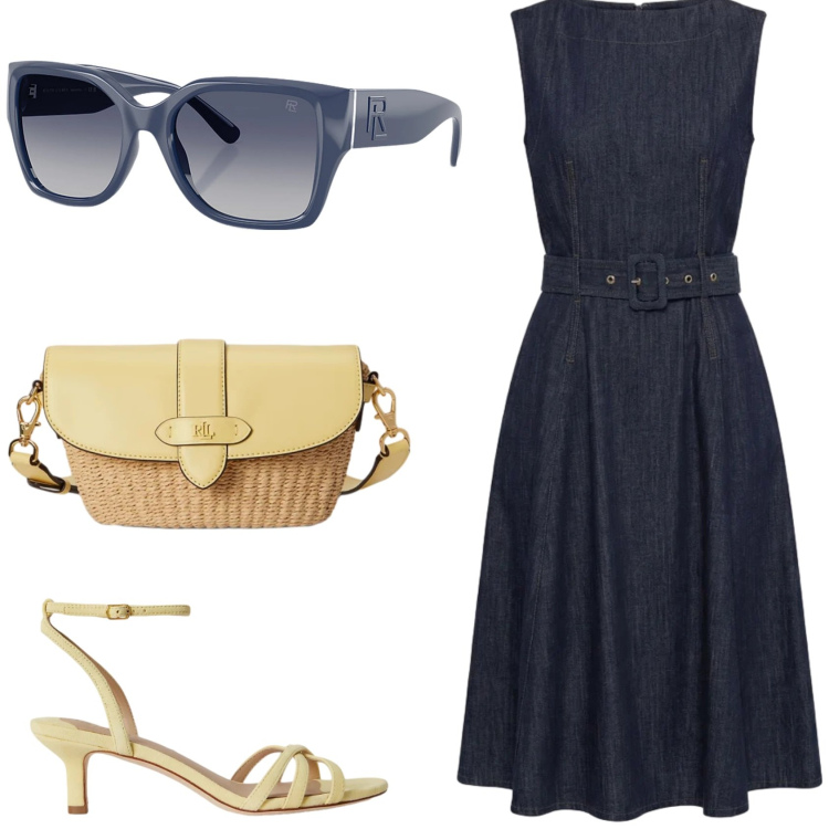 Outfit donna - Accessori Sorbetto. Stile Basic per Tutti i giorni. Abbinamento con vestiti, occhiali da sole, borse a tracolla, sandali col tacco.