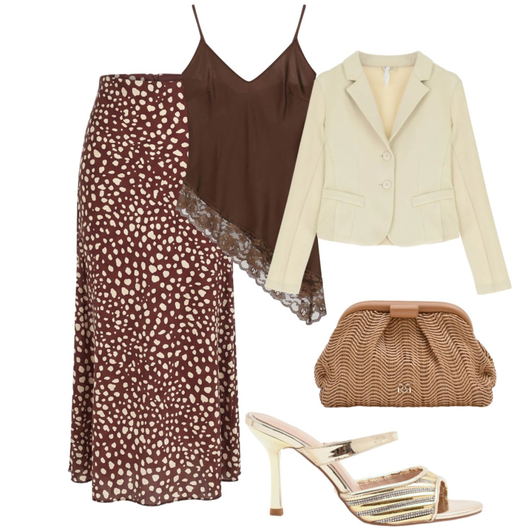 Outfit donna - Cerimonia di aprile. Stile Chic per Cerimonia. Abbinamento con blazer, pochette, sabot, gonne lunghe, top.