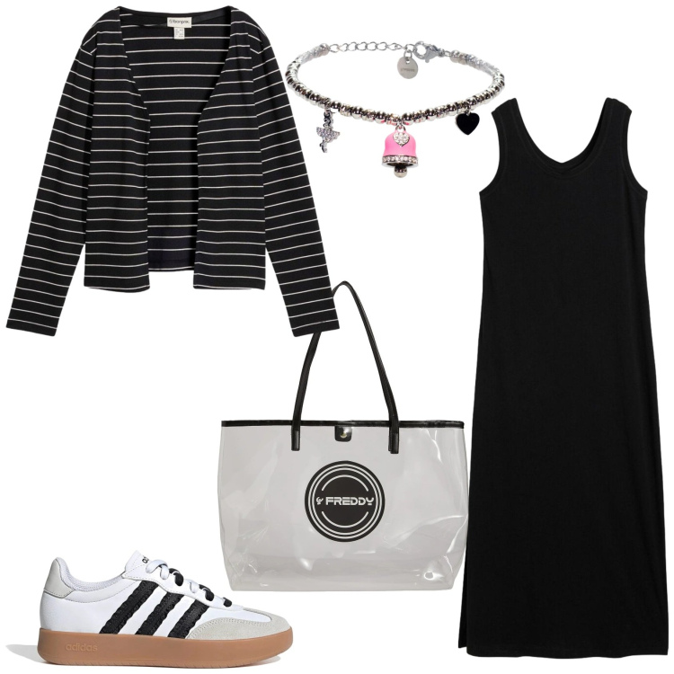 Outfit donna - Forever young. Stile Casual per Tutti i giorni. Abbinamento con cardigans, vestiti lunghi, shopping bag, braccialetti, sneakers.