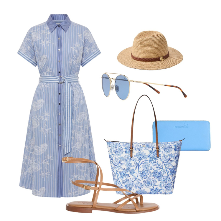 Outfit donna - Leggera e luminosa H & B. Stile Vintage retrò per Tutti i giorni. Abbinamento con sandali in pelle, portafogli, vestiti chemisier, cappelli, borse tote, occhiali da sole.