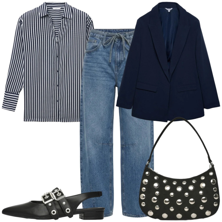 Outfit donna - Pelle e borchie. Stile Casual per Tutti i giorni. Abbinamento con ballerine, jeans, blazer, borse a tracolla, camicie.