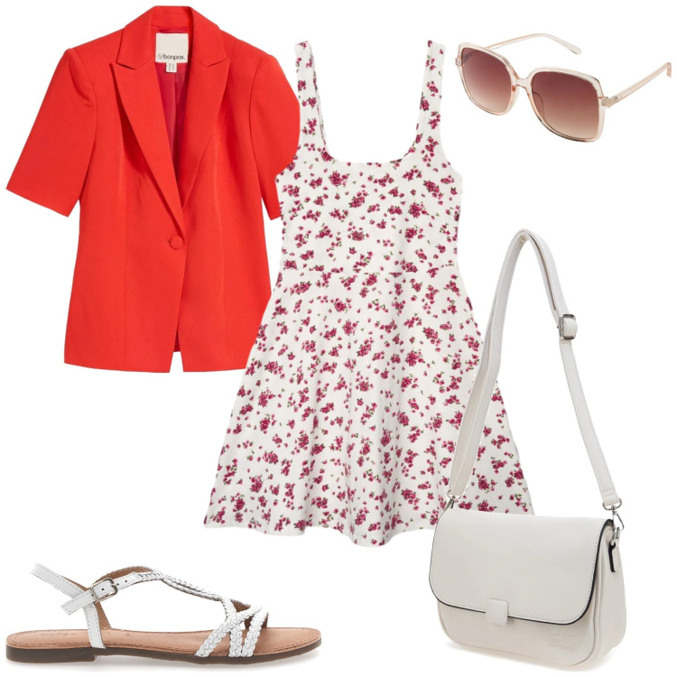 Outfit donna - Il pranzo estivo. Stile Casual chic per Tutti i giorni. Abbinamento con occhiali da sole, blazer, vestiti corti, borse a tracolla, sandali.