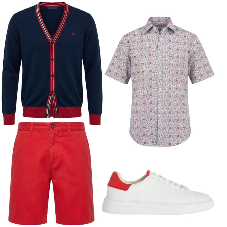 Outfit uomo - #rosso.fragola. Stile Urban per Tutti i giorni. Abbinamento con cardigans, sneakers, camicie a manica corta, pantaloni corti.