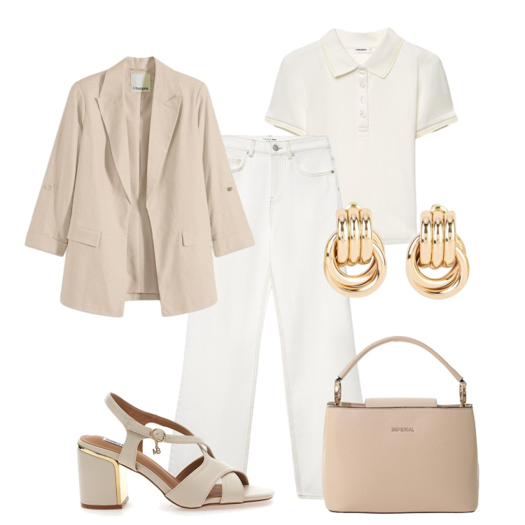 Outfit donna - Blazer sabbia - @antonellal. Stile Casual chic per Tutti i giorni. Abbinamento con blazer, orecchini, jeans, polo, borse a secchiello, sandali col tacco.