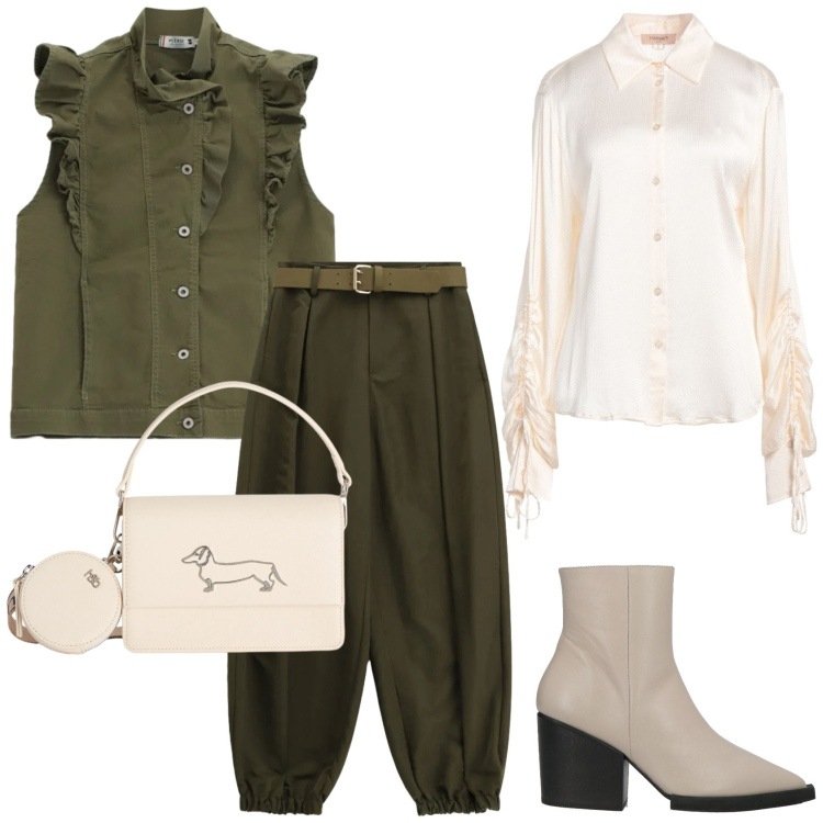 Outfit donna - Un look per la primavera. Stile Trendy per Serata fuori. Abbinamento con camicie, stivaletti, borse a tracolla, gilet, pantaloni.