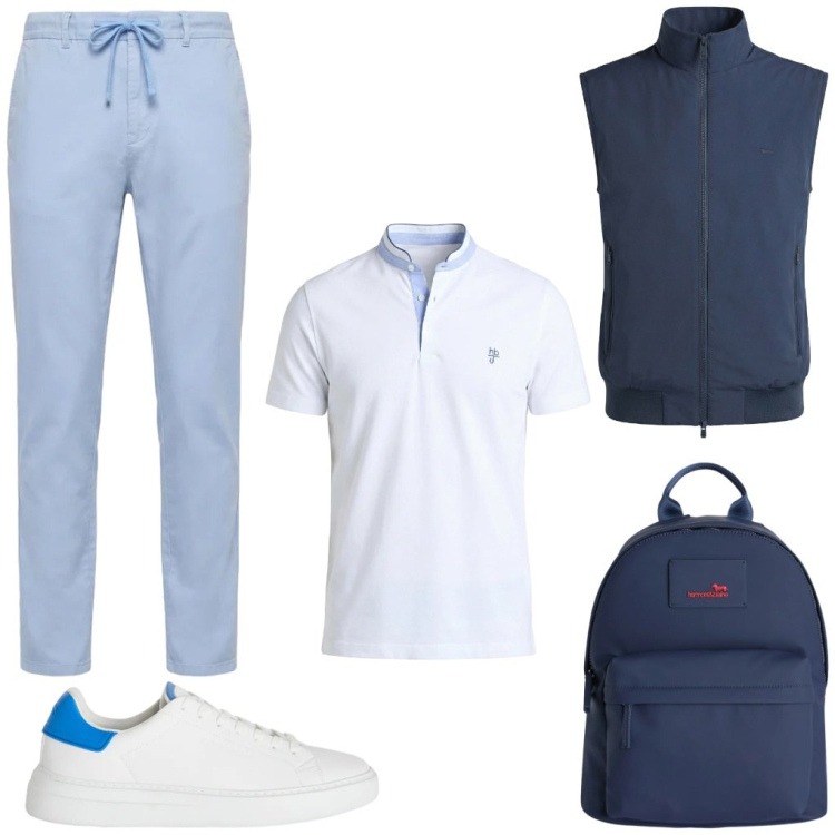 Outfit uomo - #in.biblioteca. Stile Urban per Tutti i giorni. Abbinamento con sneakers, borse sportive, gilet, polo, pantaloni.