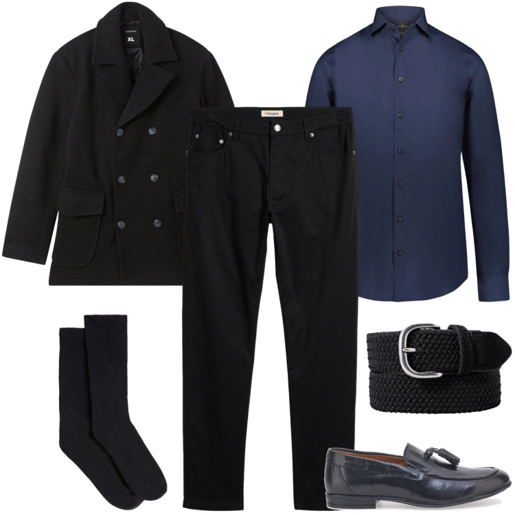 Outfit uomo - Total look #2380543. Stile Trendy per Serata speciale. Abbinamento con pantaloni, caban, calzini, camicie, scarpe stringate, cinture.