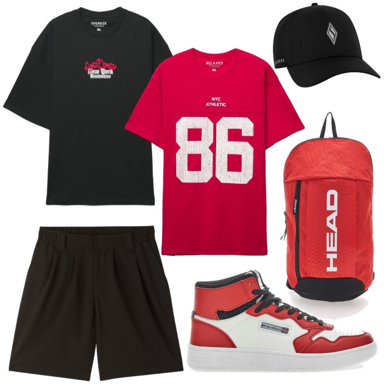 Outfit uomo - #head.86. Stile Urban per Tutti i giorni. Abbinamento con pantaloni corti, t-shirt sportive, t-shirt, cappelli con visiera, sneakers, zaini.