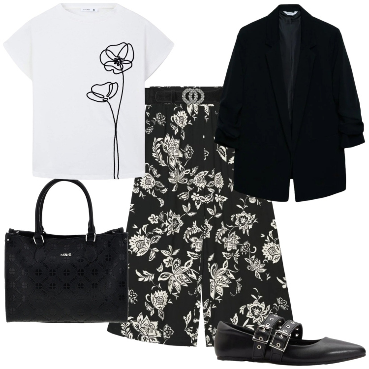 Outfit donna - Total look #2380558. Stile Casual per Tutti i giorni. Abbinamento con ballerine, cinture, blazer, pantaloni a palazzo, t-shirt, borse a tracolla.