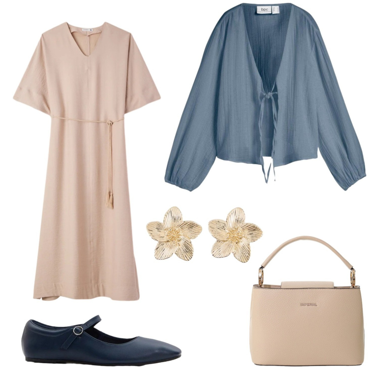 Outfit donna - Aria di primavera. Stile Casual per Tutti i giorni. Abbinamento con blazer, ballerine, orecchini, vestiti lunghi, borse a secchiello.