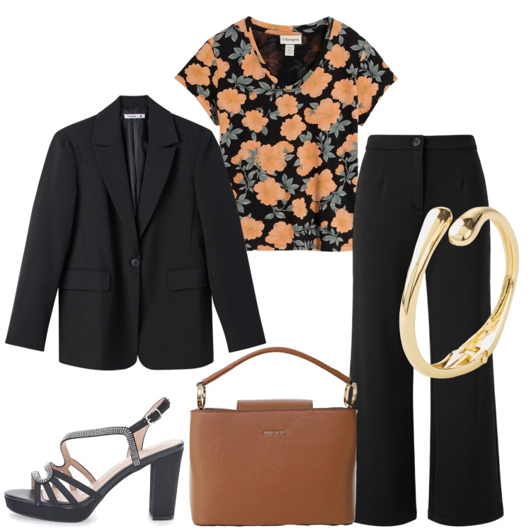 Outfit donna - Total look #2380561. Stile Chic per Serata fuori. Abbinamento con braccialetti, t-shirt, pantaloni, blazer, borse a secchiello, sandali col tacco.