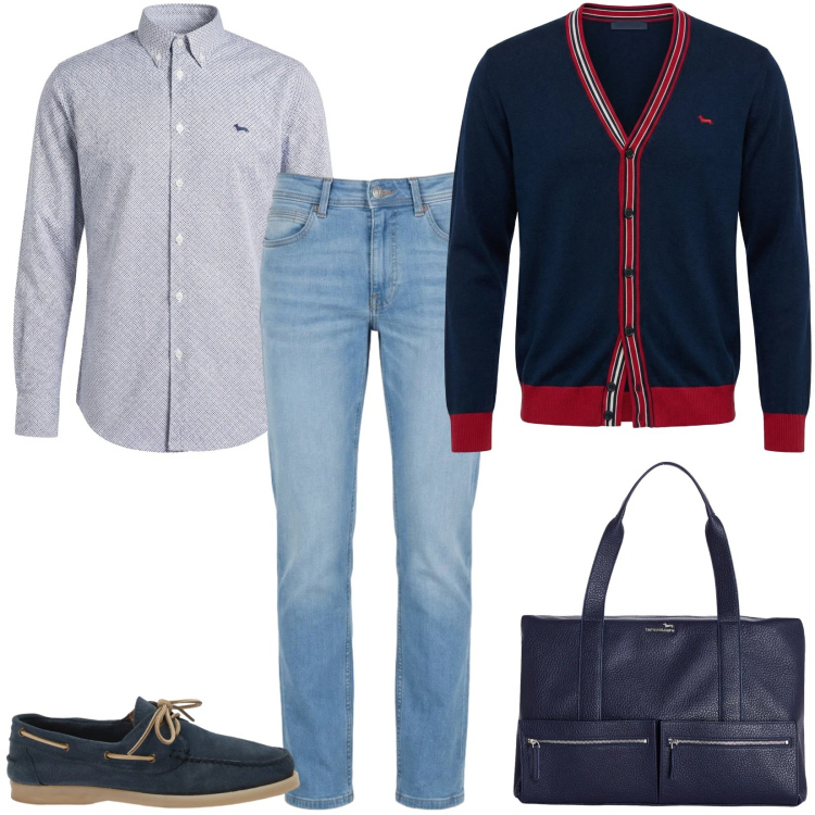 Outfit uomo - Total look #2380563. Stile Casual per Tutti i giorni. Abbinamento con cardigans, camicie, borse sportive, jeans, scarpe stringate.