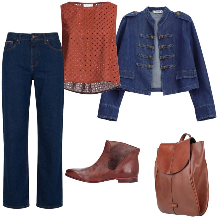 Outfit donna - Giacca in denim con bottoni. Stile Military per Tutti i giorni. Abbinamento con top, stivaletti, zaini, blazer, jeans.