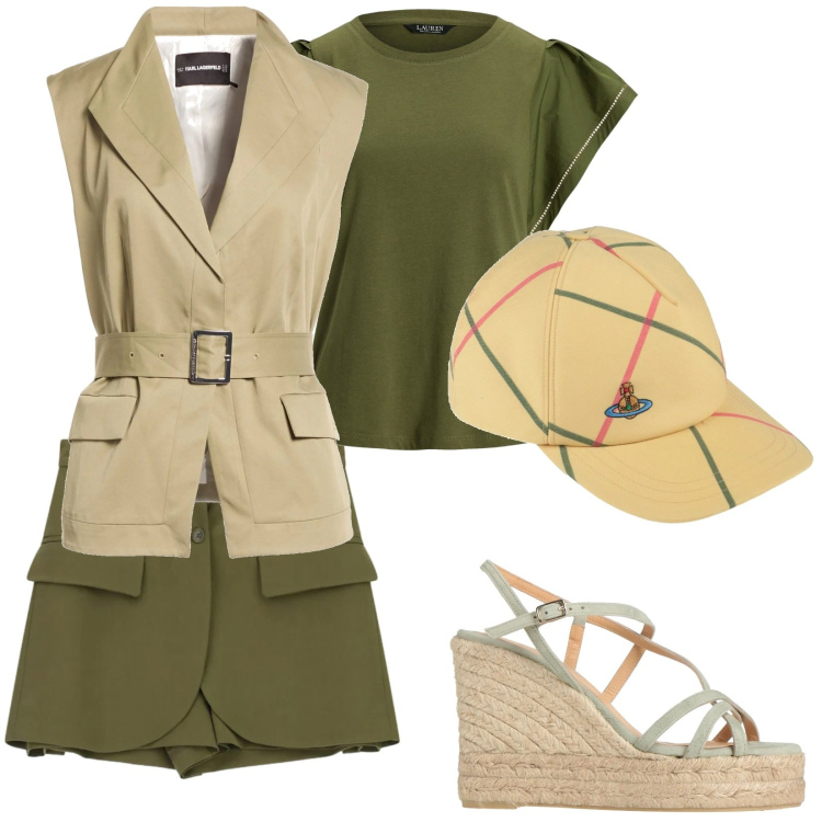 Outfit donna - Total look #2380566. Stile Sporty chic per Tutti i giorni. Abbinamento con top, cinture, espadrillas, cappelli con visiera, shorts.