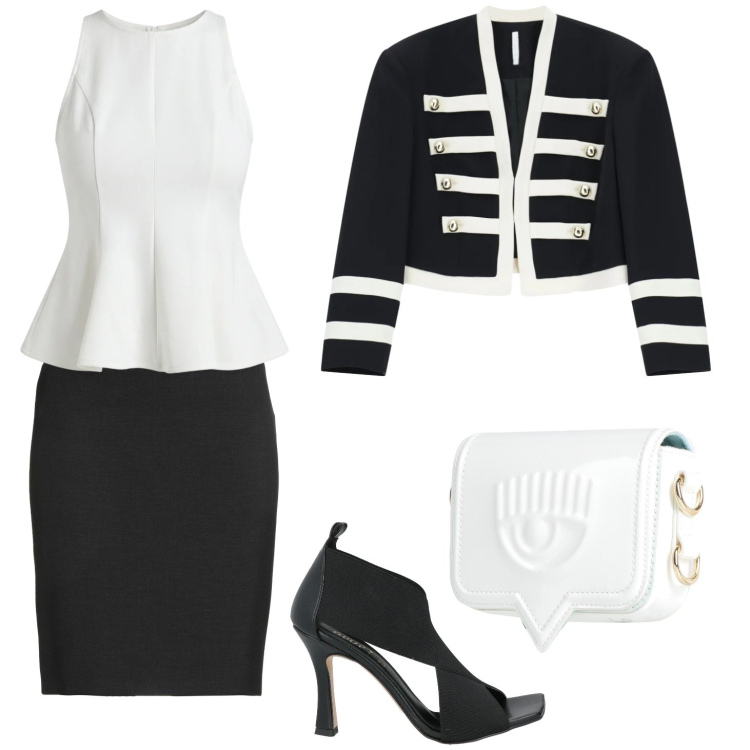 Outfit donna - Bianco e nero. Stile Chic per Cerimonia. Abbinamento con minigonne, sandali in pelle, marsupi, blazer, canottiere.