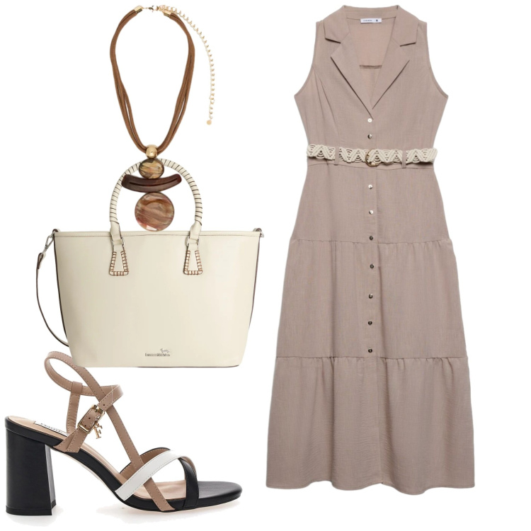 Outfit donna - City. Stile Minimal per Tutti i giorni. Abbinamento con vestiti chemisier, ciondoli, shopping bag, sandali col tacco.
