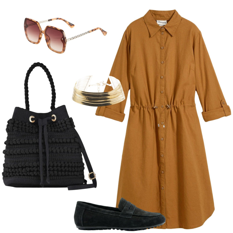 Outfit donna - Il vestito chemisier primaverile. Stile Trendy per Tutti i giorni. Abbinamento con vestiti chemisier, occhiali da sole, borse a secchiello, mocassini, braccialetti.