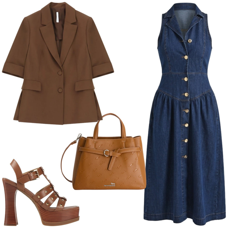 Outfit donna - Per una serata fuori. Stile Trendy per Serata fuori. Abbinamento con sandali in pelle, blazer, vestiti chemisier, borse a mano.