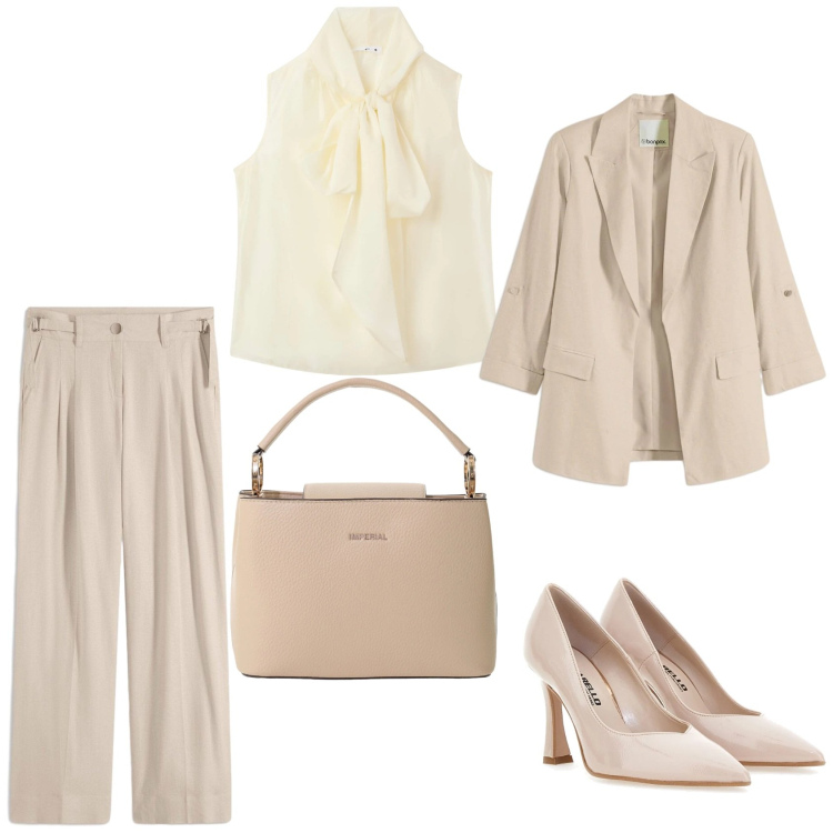 Outfit donna - Effortless, buy on point. Stile Trendy per Ufficio. Abbinamento con pantaloni a palazzo, blazer, bluse, borse a secchiello, décolleté.