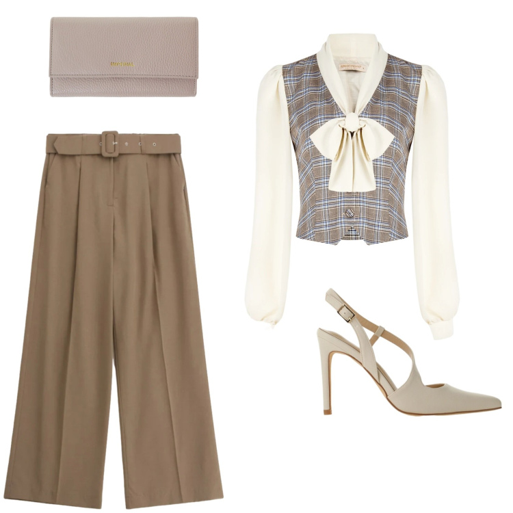 Outfit donna - Effortless Chic. Stile Trendy per Serata fuori. Abbinamento con décolleté, portafogli, bluse, pantaloni a palazzo.