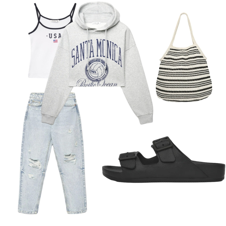 Outfit donna - Superspodtivi. Stile Sporty chic per Tutti i giorni. Abbinamento con jeans mom, shopping bag, top sportivi, felpe con cappuccio, ciabatte.