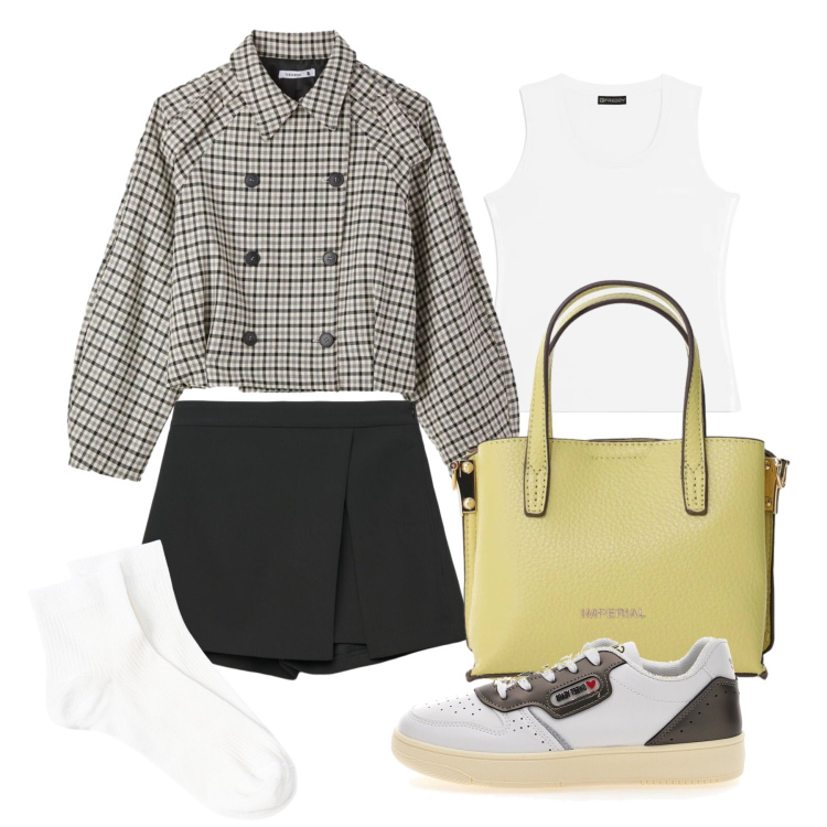 Outfit donna - Aprile. Stile Urban per Tutti i giorni. Abbinamento con gonne, caban, borse a tracolla, canottiere, sneakers, calzini.