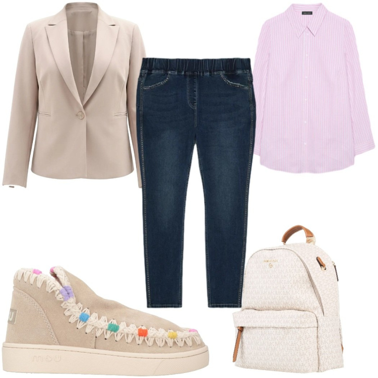 Outfit donna - Total look #2380627. Stile Casual per Tutti i giorni. Abbinamento con stivaletti, zaini, camicie, jeggings, blazer.