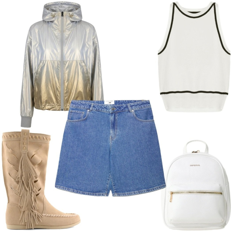 Outfit donna - Total look #2380628. Stile Trendy per Tutti i giorni. Abbinamento con bermuda, top, zaini, bomber, stivali.
